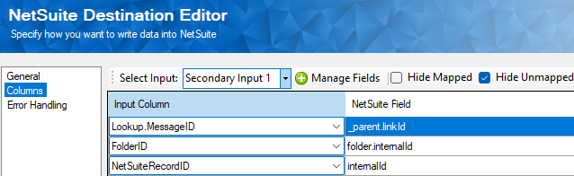 Secondary input configuration for NetSuite Destination